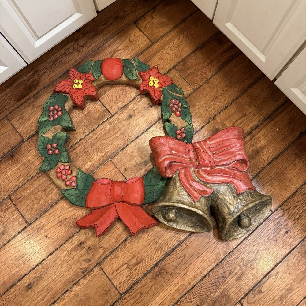 Vintage‎ Paper Mâché Christmas Bell & Wreath Holly Wall Hanging Very Large 24.5"